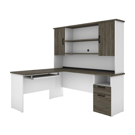 Bestar Norma L-Shaped Desk with Hutch, Walnut Grey & White 181850-000035
